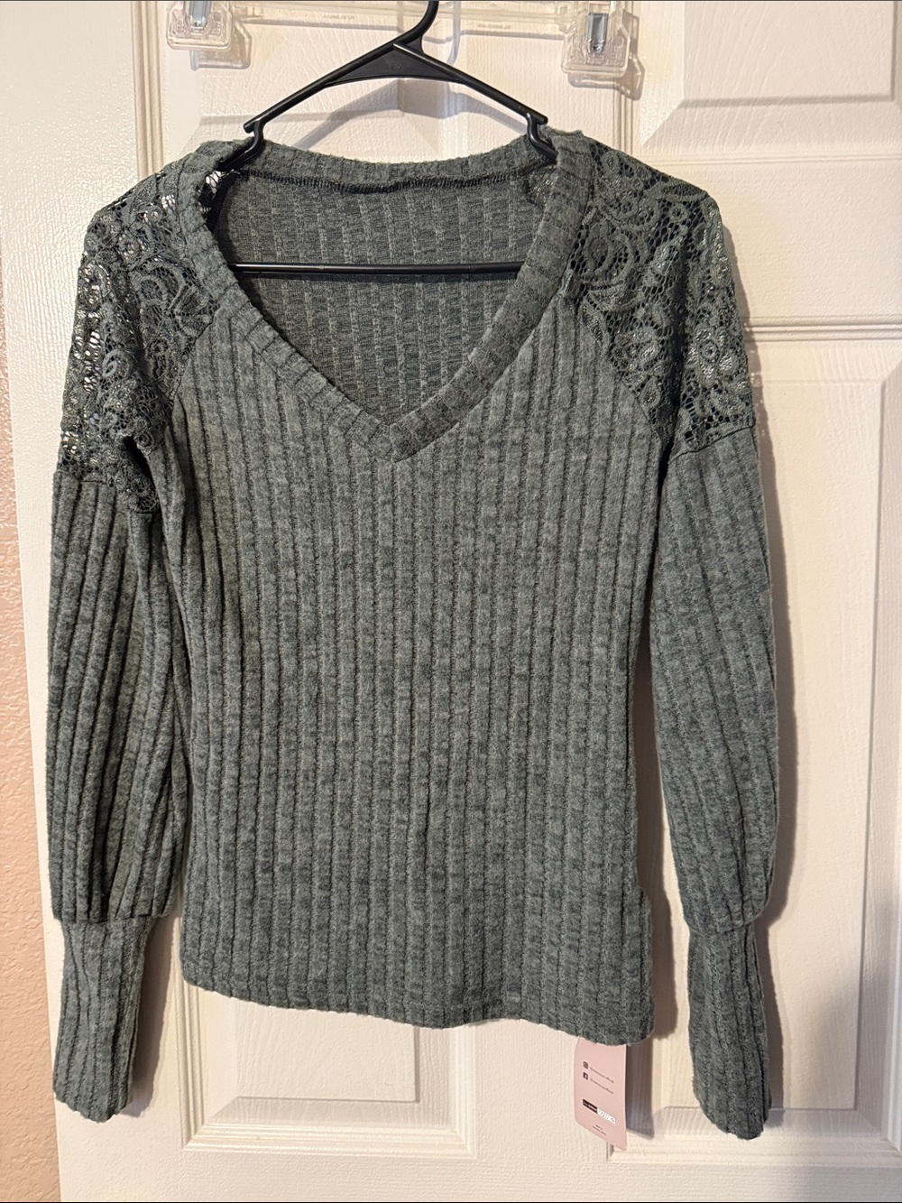 SHEIN Gray Ribbed V-Neck Sweater with Lace Shoulders
